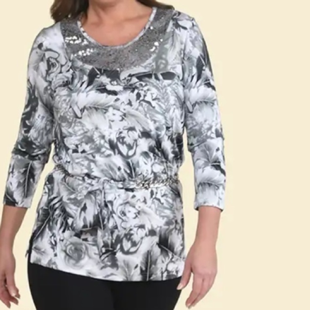 Gray Floral Blouse with Chain Belt and Neck Embellishment - Medium